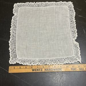 Antique Vintage White Linen Bridal Handkerchief Deep Crochet Lace Fan Border